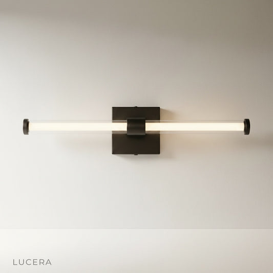 Lucera Effulgent wall lamp front view studio shot black metal vertical double bar