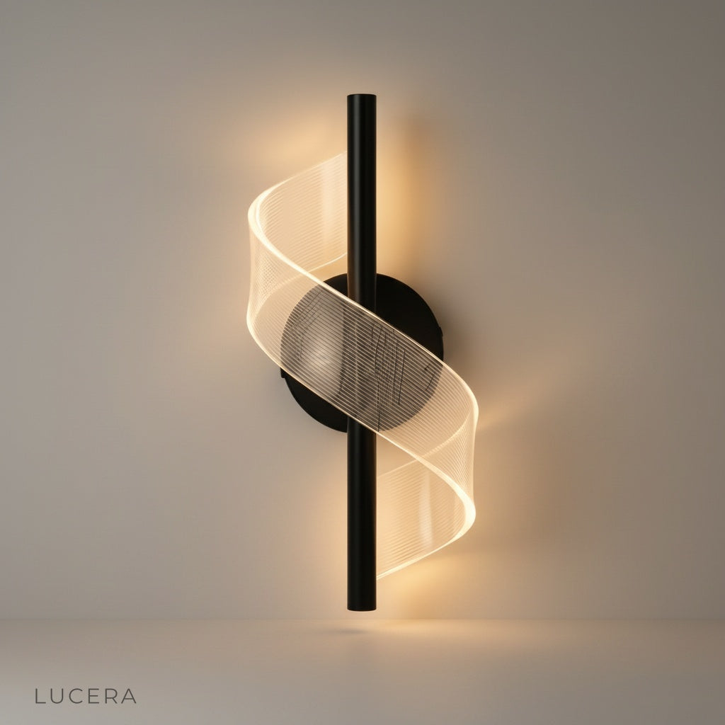 Clarion Wall Lamp studio front view sleek metal frame with spiral acrylic