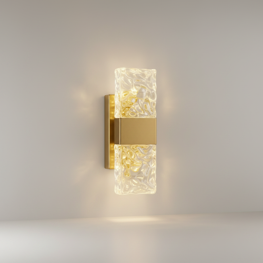 Crystallum Wall Lamp studio shot front view with transparent crystal body on clean white background