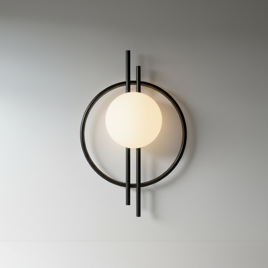Leander Wall Lamp studio front view with moon-like acrylic shade