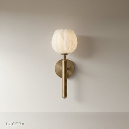 studio shot of the Madeira wall lamp with sculptural alabaster shade and solid copper structure