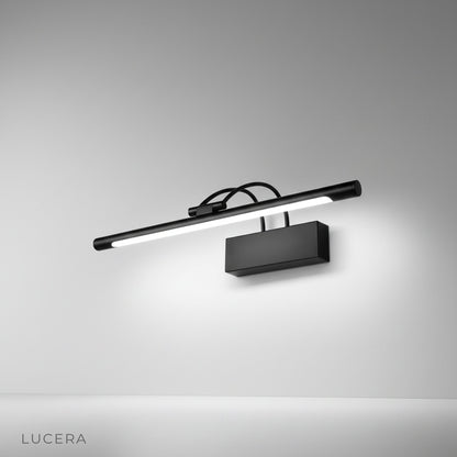 minimalist black LED wall lamp mounted on clean white studio wall front view