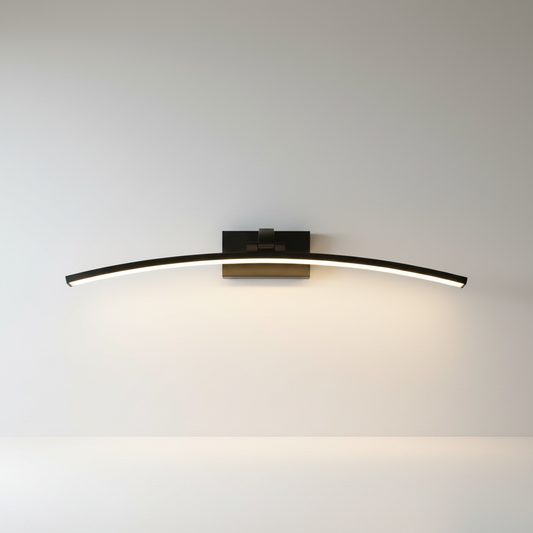 studio shot of curved aluminum and iron ginkgo wall lamp against clean white background