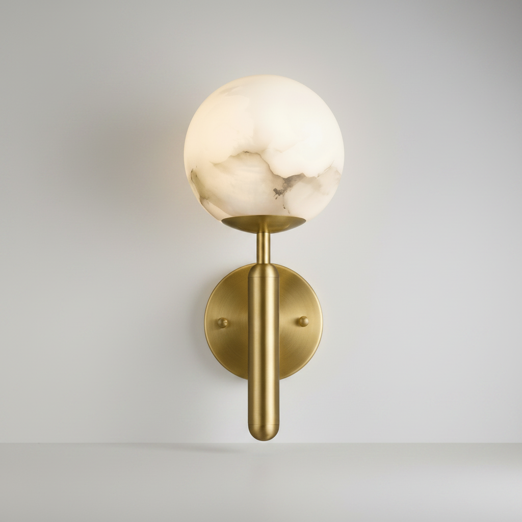 studio shot of Lucera wall lamp with sleek metal rod and luminous alabaster sphere