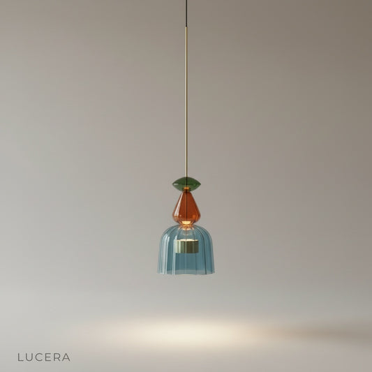 Ira stained glass pendant light on clean white studio background, front view showing colorful panels
