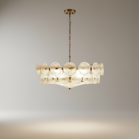 studio shot of Kore chandelier by Lucera with stainless steel frame and circular glass layers