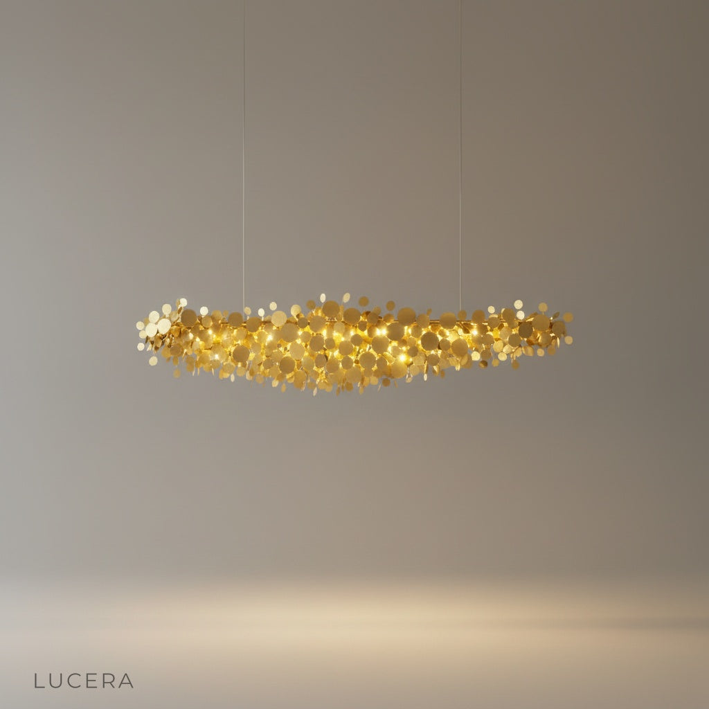 Hinge Chandelier studio shot front view with hundreds of shimmering discs