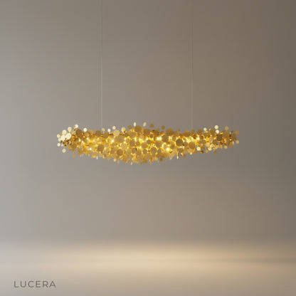 Hinge Chandelier studio shot front view with hundreds of shimmering discs