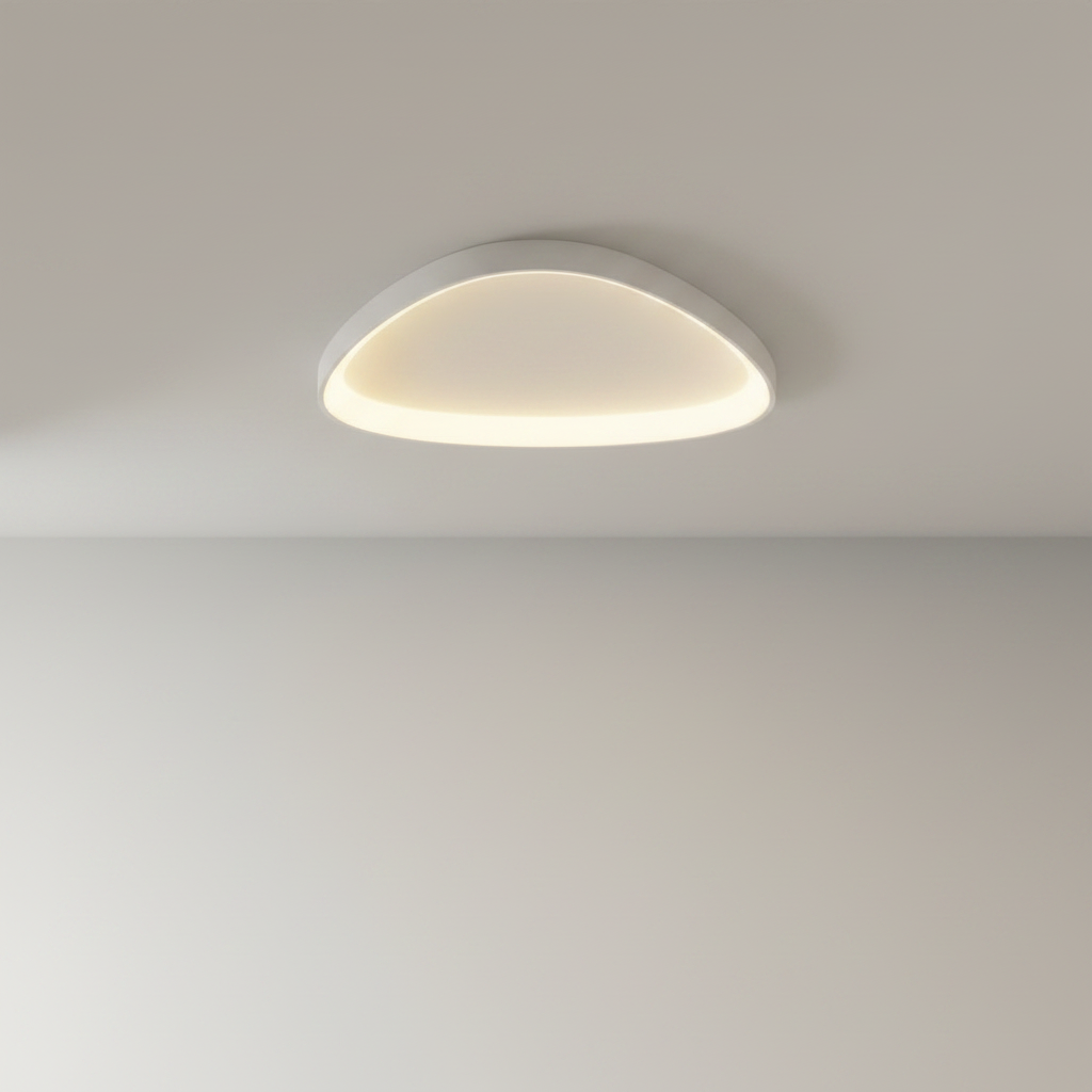 studio shot of yurt ceiling light with abstract aluminum rings on clean white background