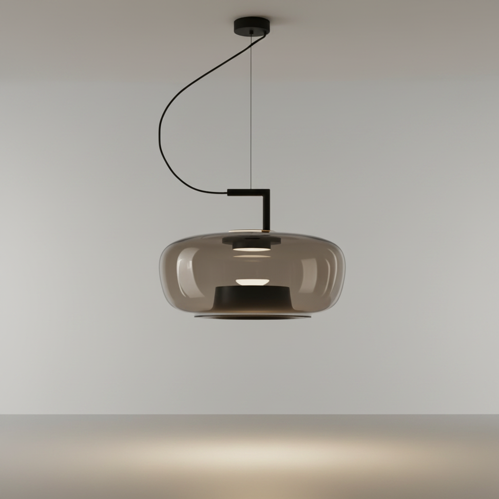 Yardang pendant light studio shot on clean white background showing metal and glass construction