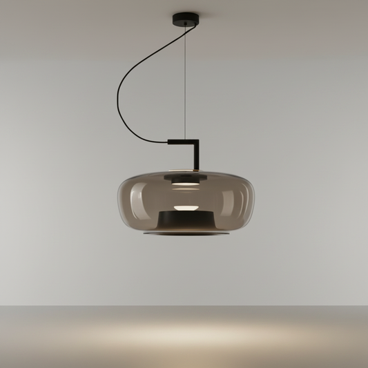 Yardang pendant light studio shot on clean white background showing metal and glass construction