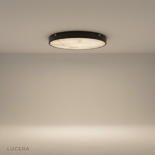 Berenice flush mount ceiling light studio shot on clean white background showing copper and iron rim