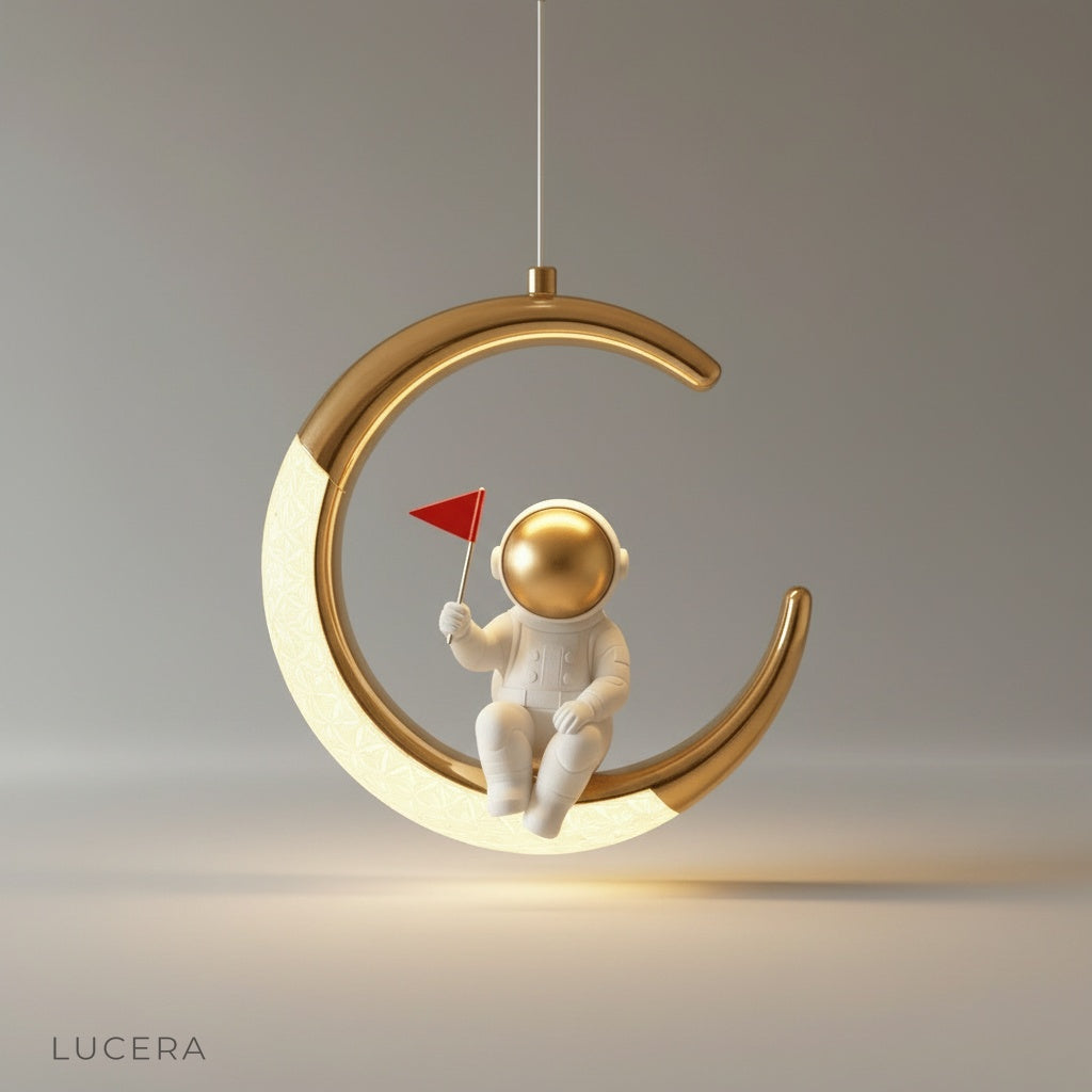 studio shot of astronaut figurine sitting on crescent moon pendant light
