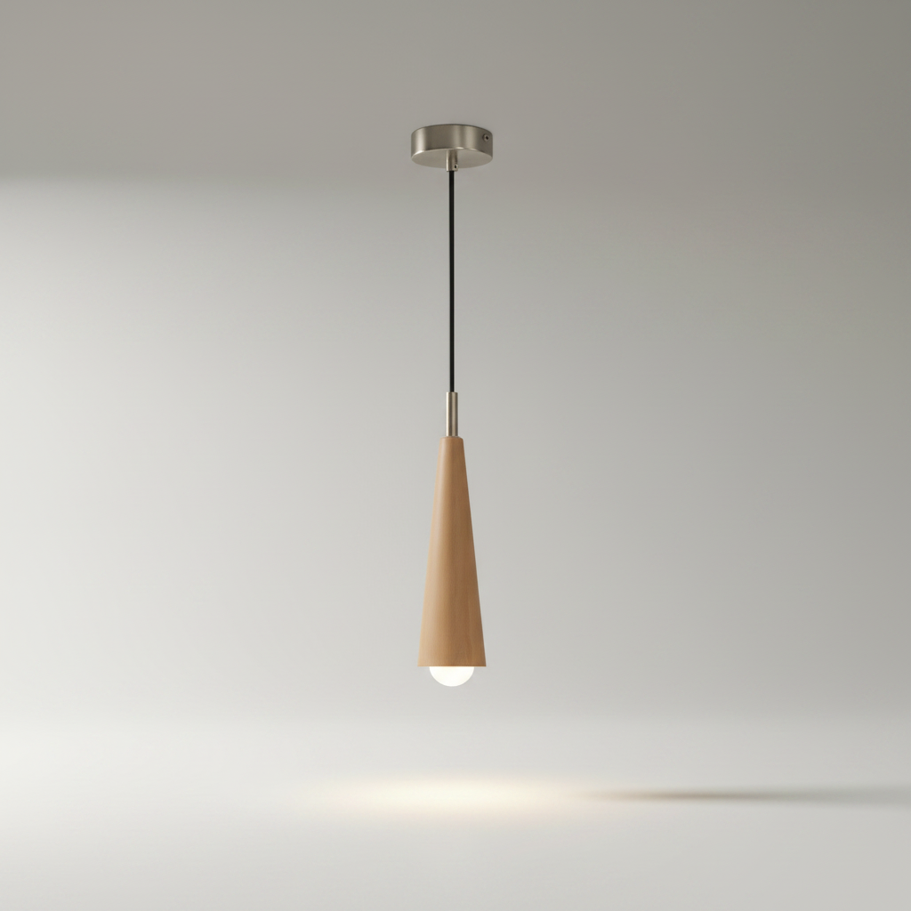 Studio shot of Lucera Monk pendant light in log wood finish against a clean white background