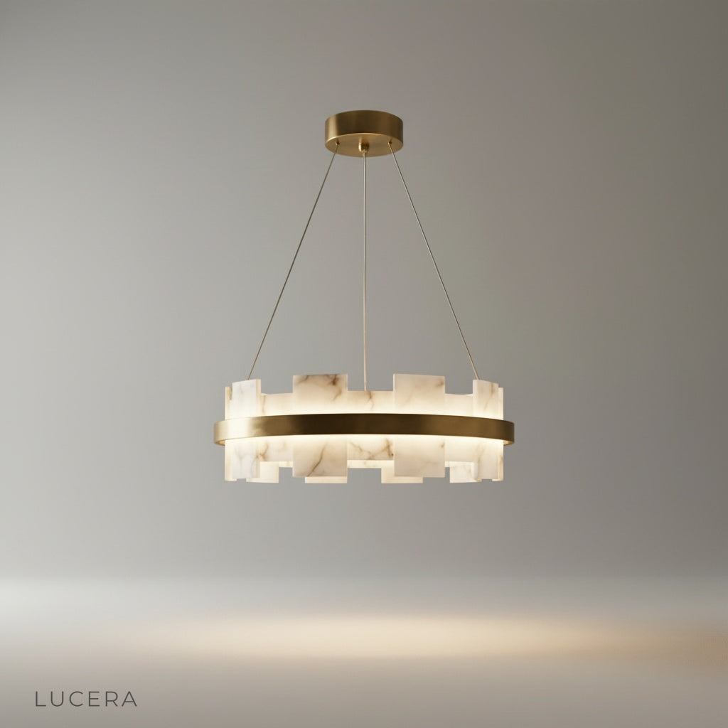 studio shot of Ablution chandelier with staggered halo design and translucent veined alabaster shades