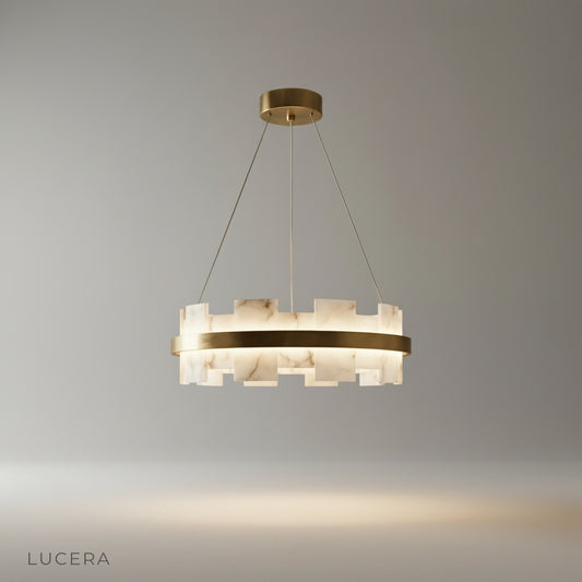 studio shot of Ablution chandelier with staggered halo design and translucent veined alabaster shades