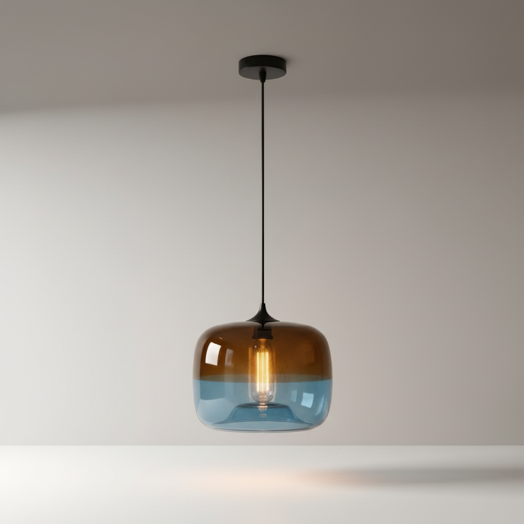 Studio shot of Minerva pendant light in blue glass with amber gradient top