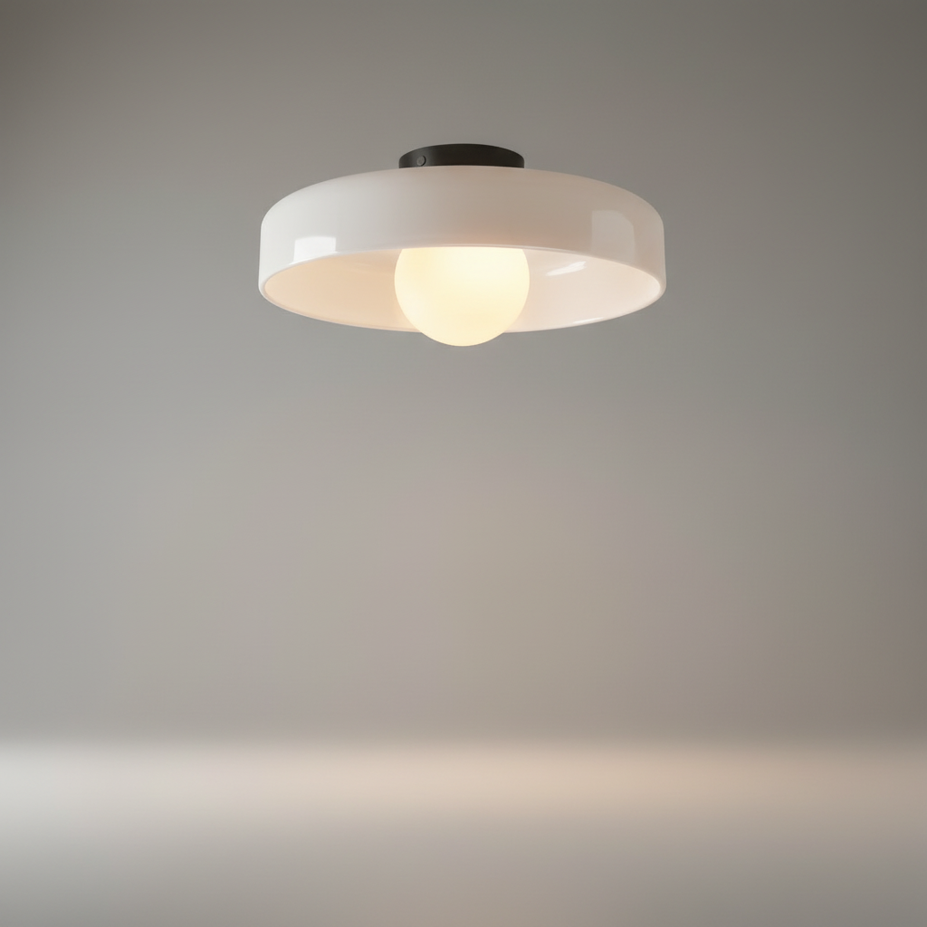 Studio shot of Madder ceiling light with opal glass shade and colored glass body, clean white background, front view