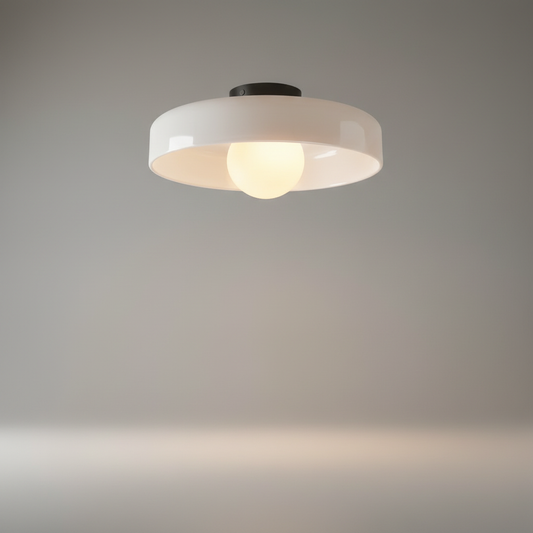 Studio shot of Madder ceiling light with opal glass shade and colored glass body, clean white background, front view