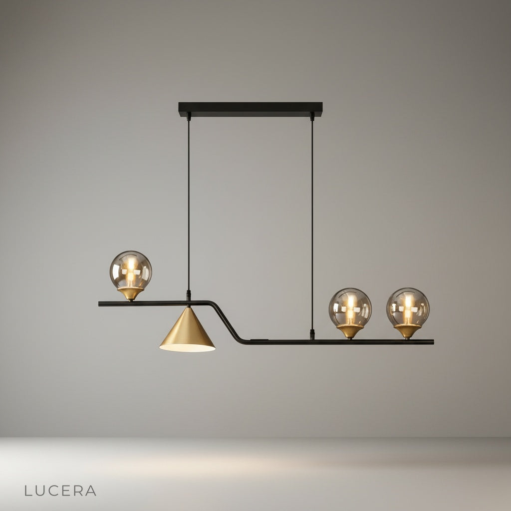 studio shot of Trappist pendant light with black hardware and glass shades