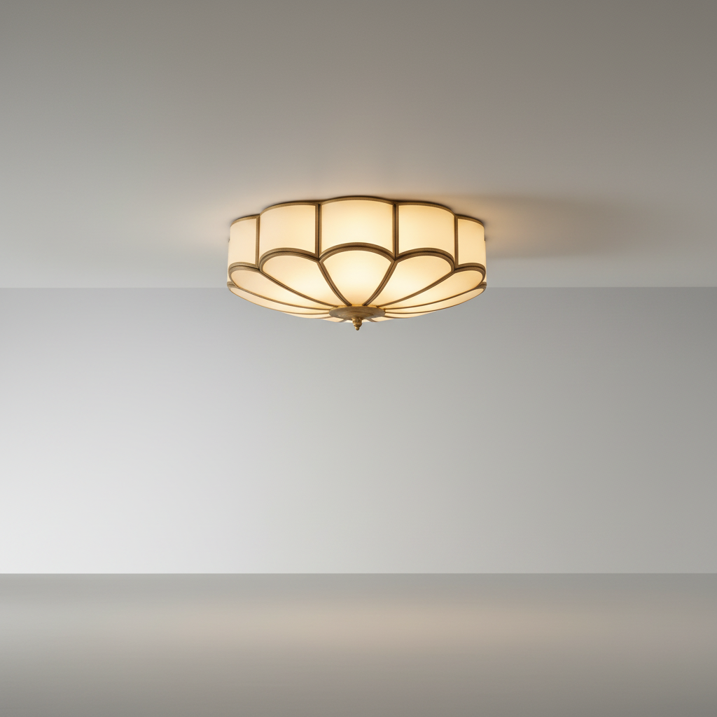 studio shot of Iris ceiling light with copper frame and frosted glass petals on clean background