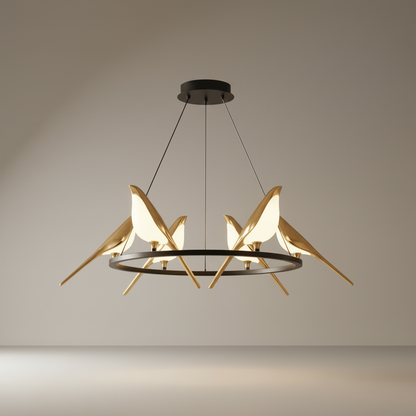 studio shot of Varek chandelier front view with sleek gold finish and clear LED bulbs