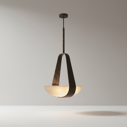 studio shot of Talus boat-shaped pendant light with frosted glass and leather accents