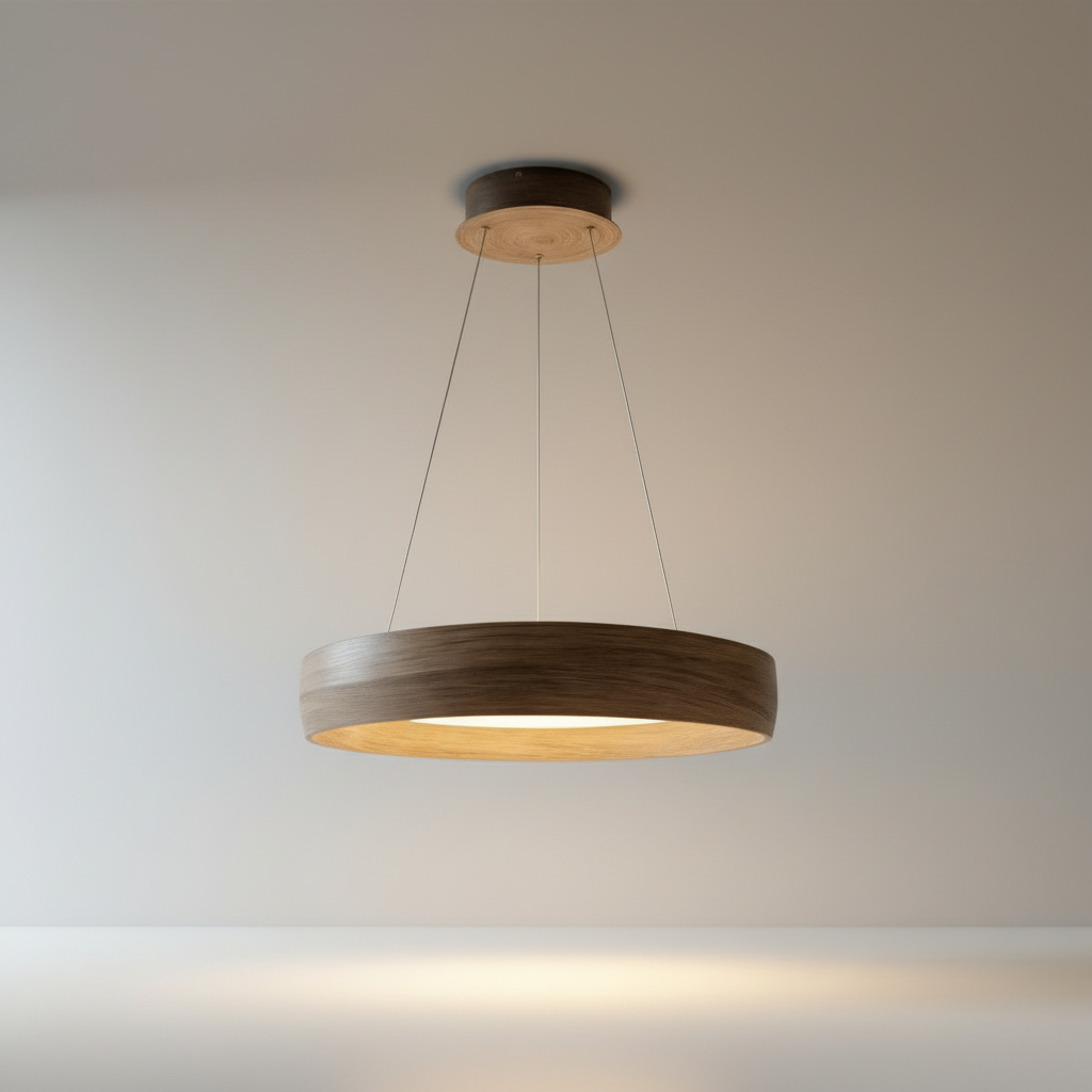 studio shot of circular Tenon pendant light with diffused acrylic panel and thin cables