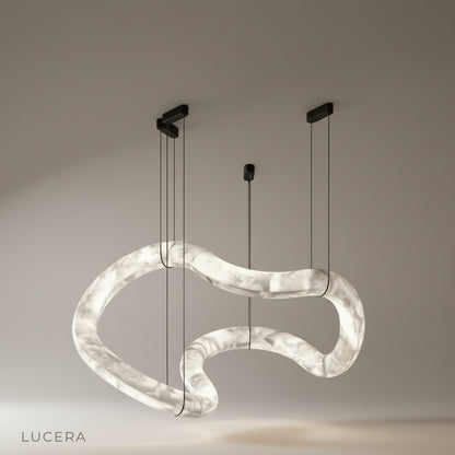 studio shot of the Fenwick chandelier with double-loop alabaster frame against a white background