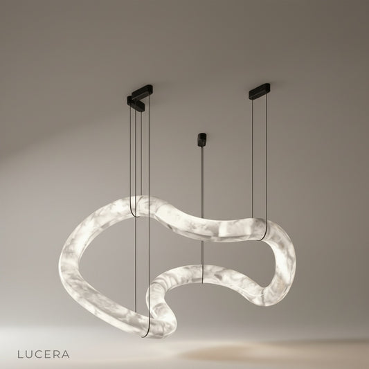 studio shot of the Fenwick chandelier with double-loop alabaster frame against a white background