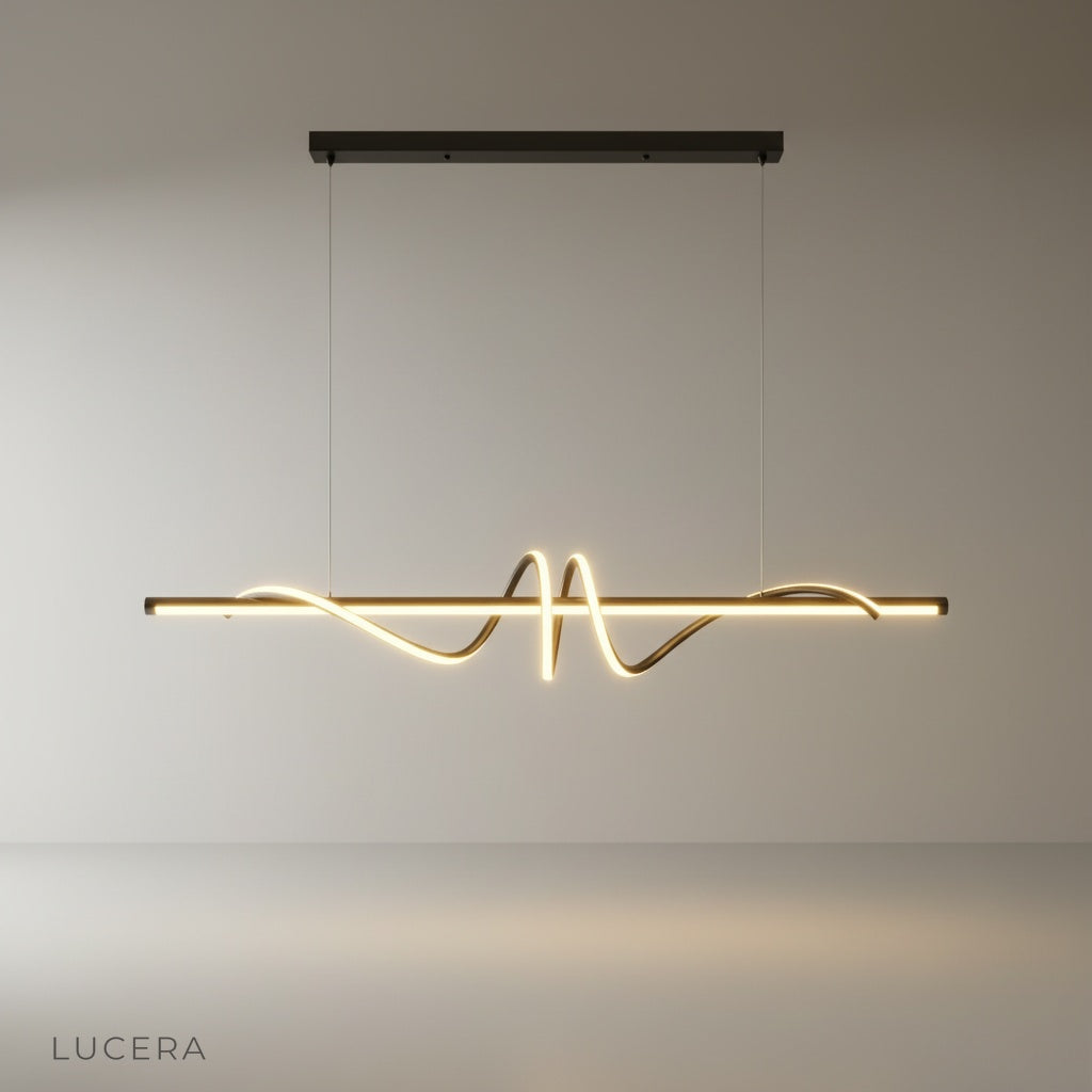 studio shot of Umbral pendant light front view showing abstract wave design in matte black finish
