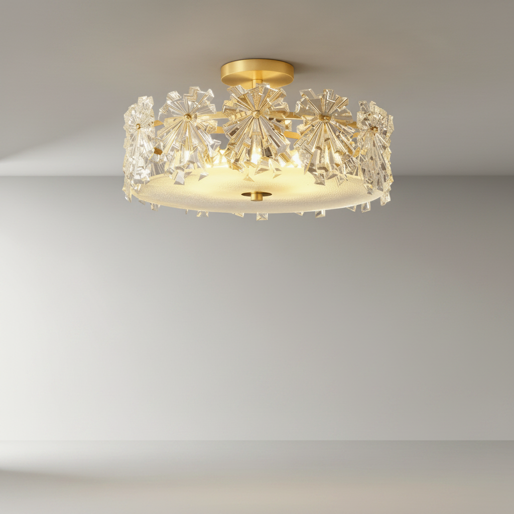 studio shot of Japonica flush mount ceiling light with copper frame and clear glass starburst details