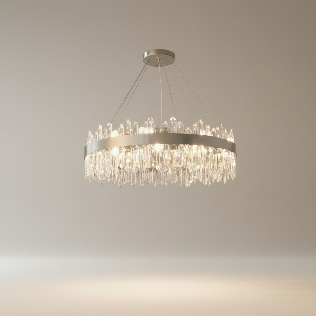 Studio shot of round Eternal Chandelier with copper and iron frame against clean white background