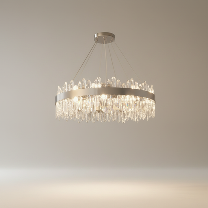 Studio shot of round Eternal Chandelier with copper and iron frame against clean white background