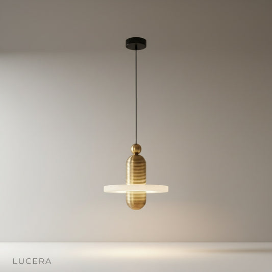 studio shot of Marianist pendant light with fluted aluminum frame and alabaster shade