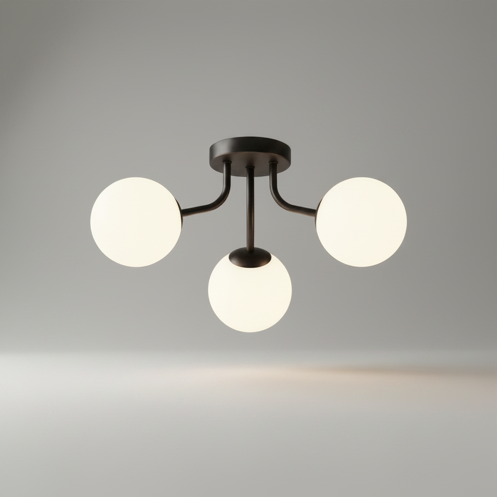 studio shot of Crypt ceiling light with black iron frame and clear glass globes