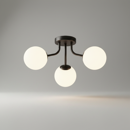studio shot of Crypt ceiling light with black iron frame and clear glass globes