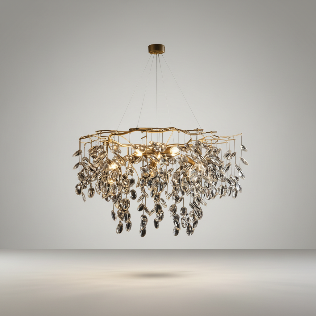 Studio shot of Lapis Lazuli Chandelier centered on clean white background showing full crystal cascade
