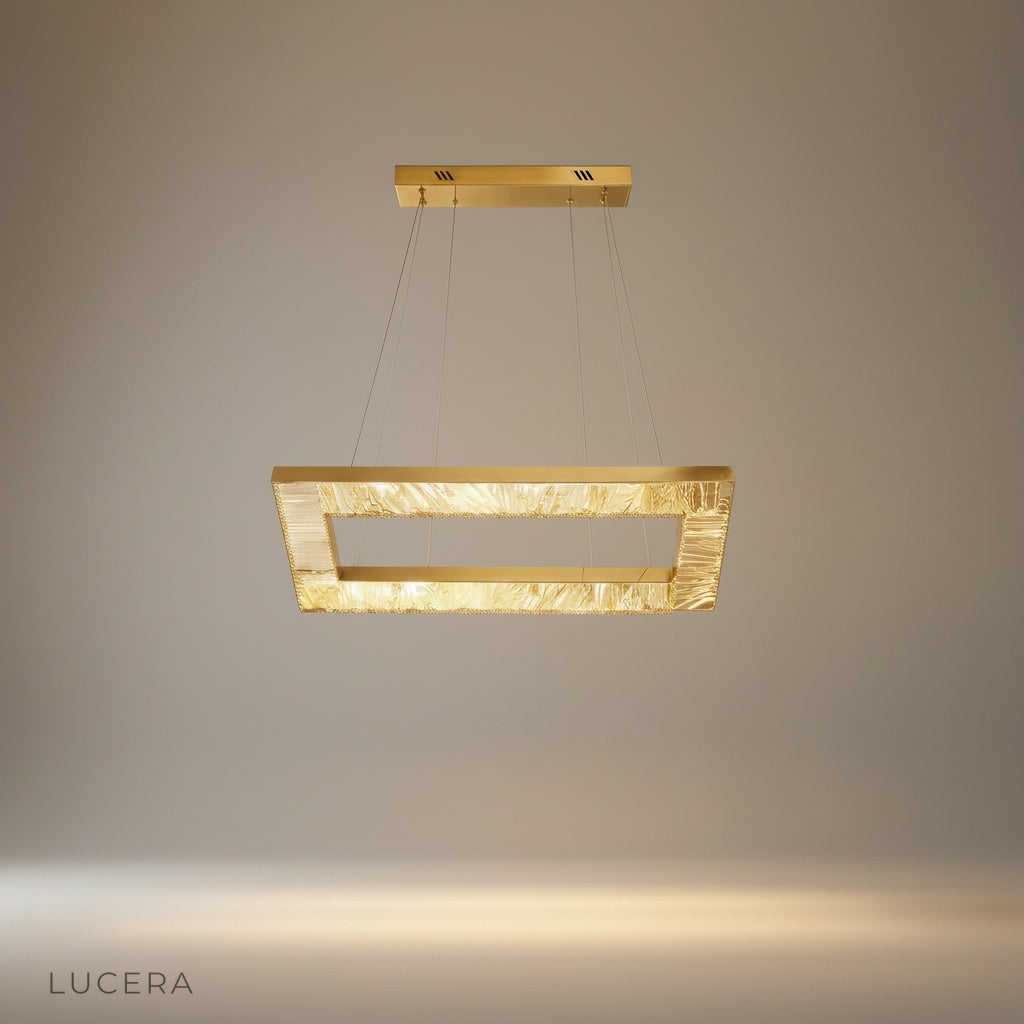 Port Chandelier studio shot front view with gold-plated metal frame