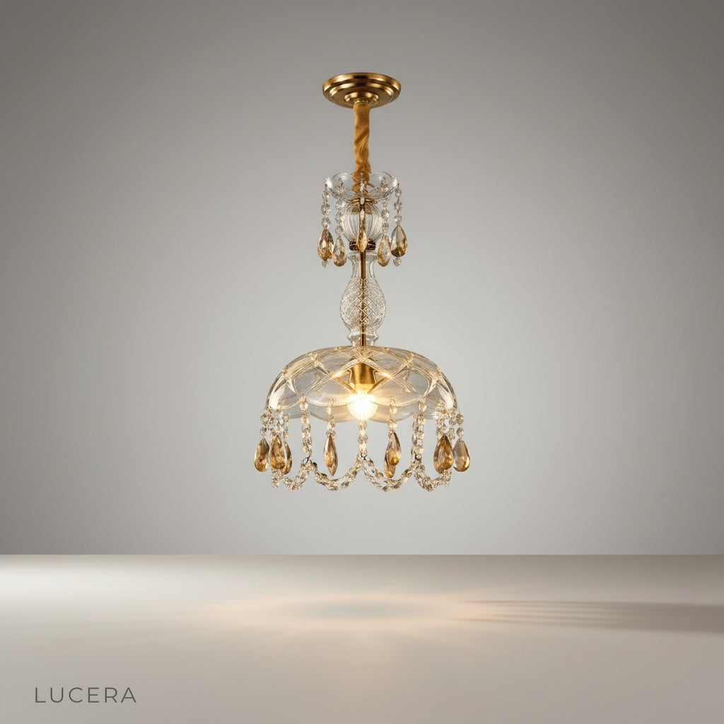 Lorcan pendant light studio shot on clean white background showing copper and metal finish