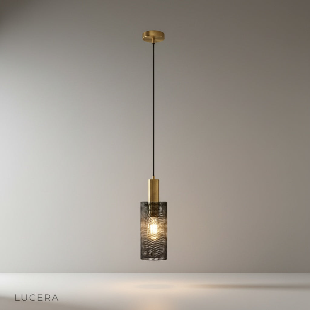 Black Wachau pendant light with cylindrical mesh shade on clean studio background