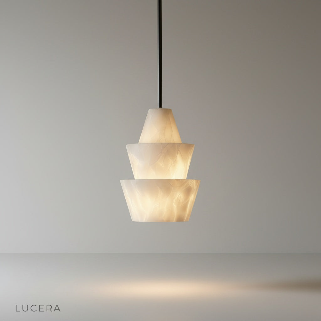 Fillet Alabaster pendant light studio shot on clean white background showing twisted curved form