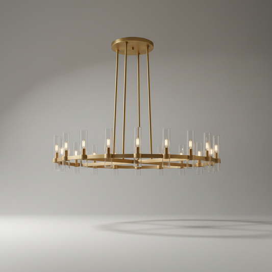 Studio shot of Nailhead Candela chandelier with glass and metal frame on clean white background