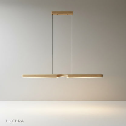 studio shot of Ember wood pendant light with elongated minimalist design on clean white background