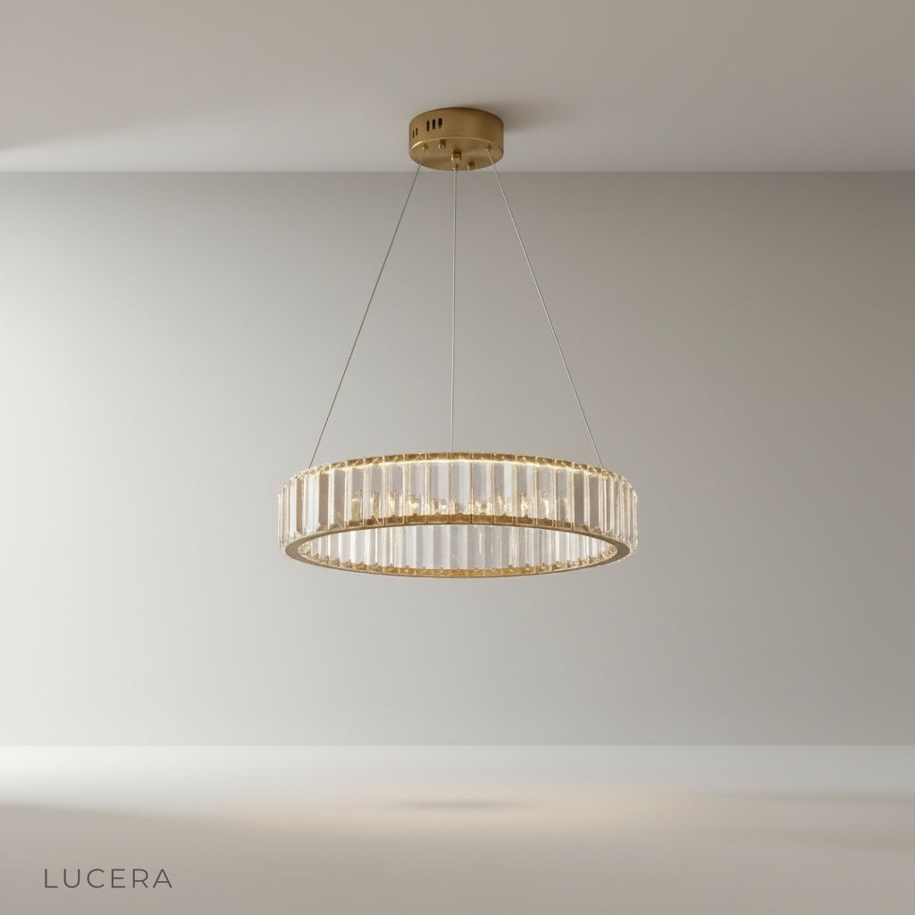 studio shot of Carmelite chandelier with warm LED rings on white background