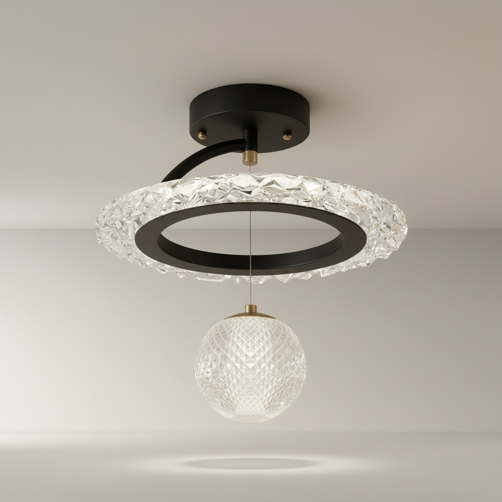 Xyle ceiling light studio shot front view with textured acrylic details and black iron ring