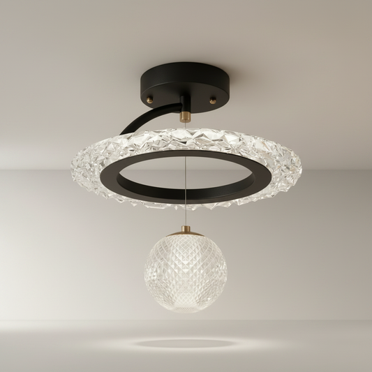 Xyle ceiling light studio shot front view with textured acrylic details and black iron ring