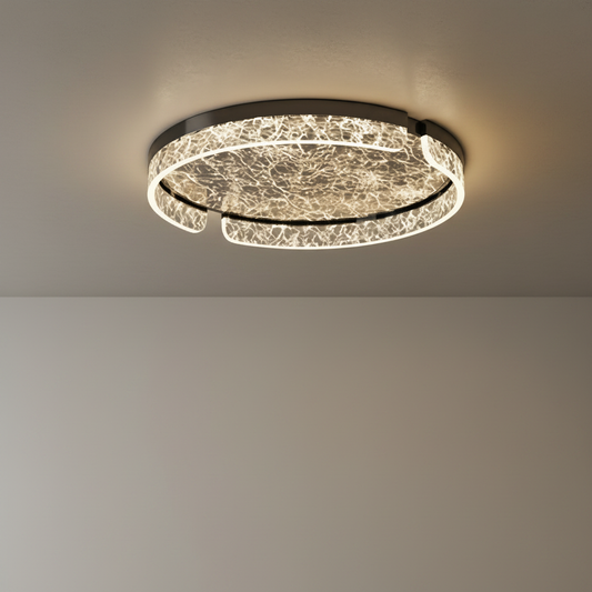 studio shot of Knight ceiling light with illuminated outer ring and marbled glass diffuser