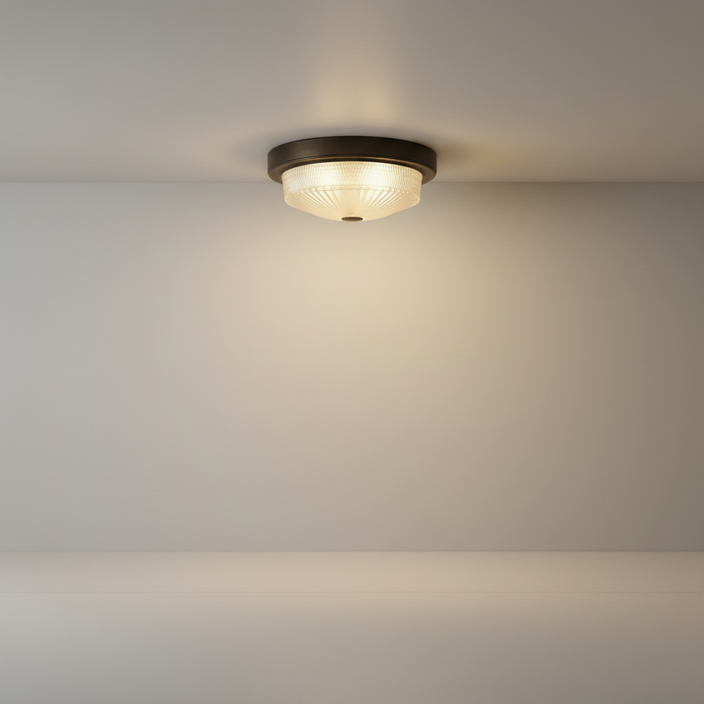Veneration ceiling light studio shot front view with white frosted glass and black metal base