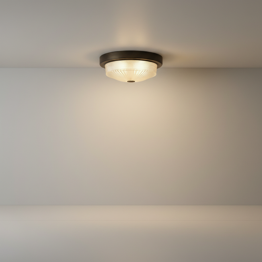 Veneration ceiling light studio shot front view with white frosted glass and black metal base